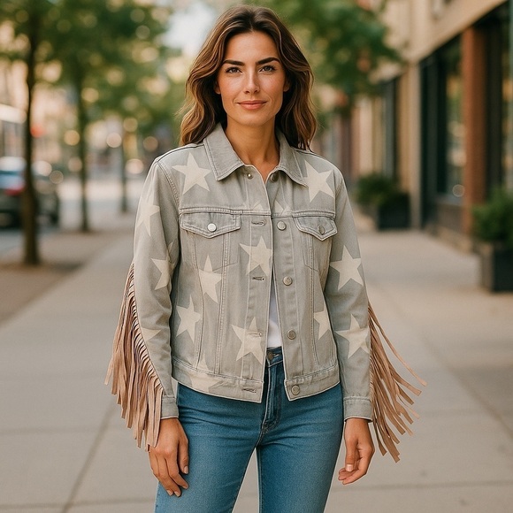 THE MORGAN WALLEN STAR FRINGE COUNTRY WESTERN CONCERT JEAN JACKET SZ S-L NWT - Picture 1 of 10